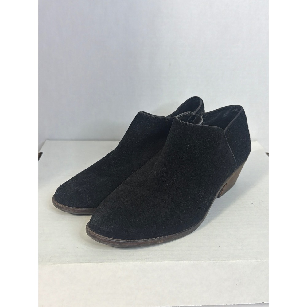 Lucky Brand Faithly Black Suede Ankle Booties Pointed Toe Stacked Heel 9M